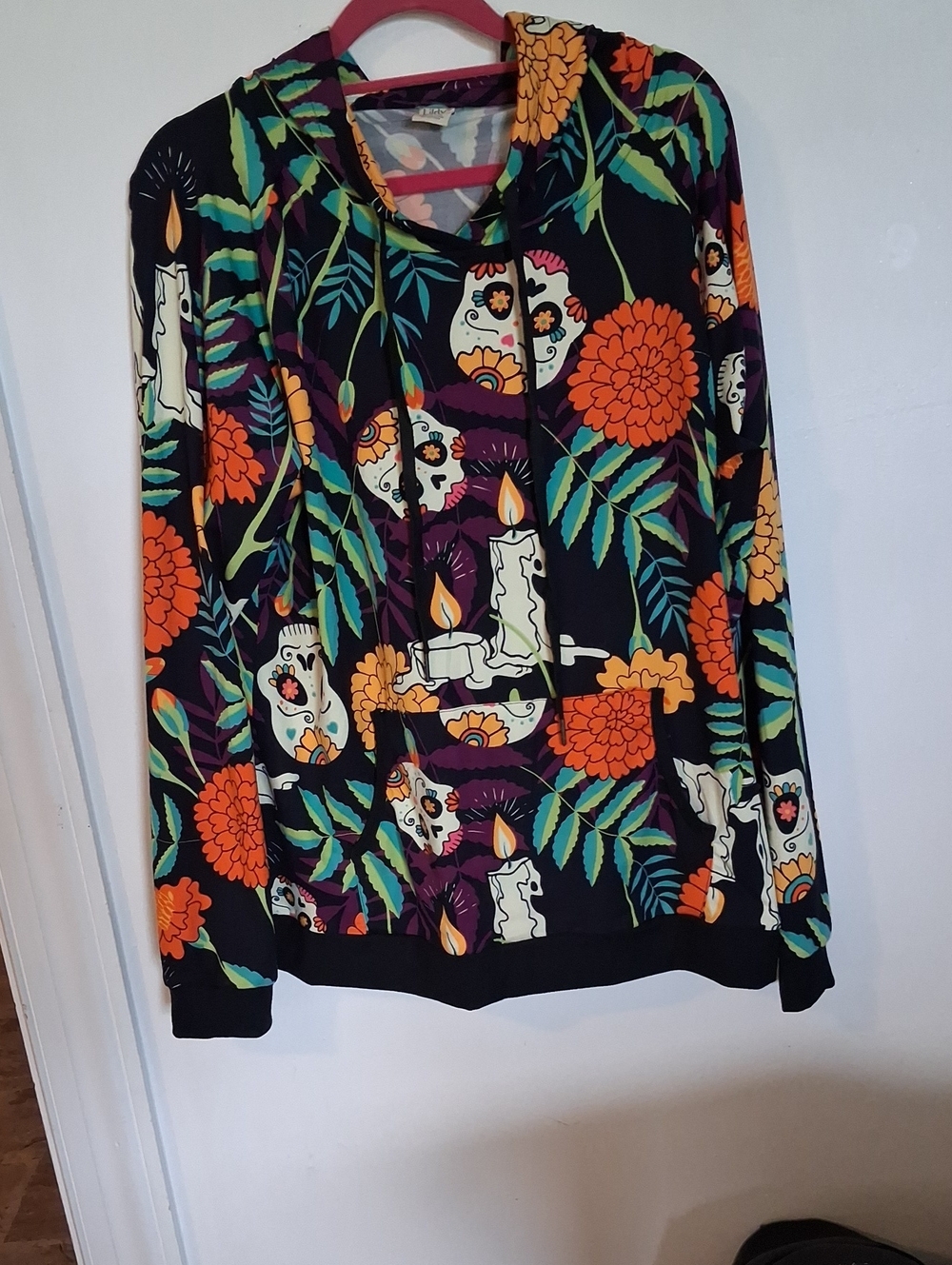 Lilly Pulitzer Black Hoodie with Orange Floral, Green Leaves & Purple Accents